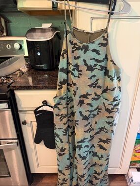 easel Camouflage Print Spaghetti-Strap Jumpsuit in Olive and Black